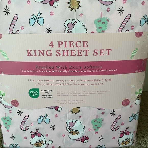 Envogue Pastel Pink Coquette Santa King Sheet Set New Holiday Christmas - Picture 5 of 5